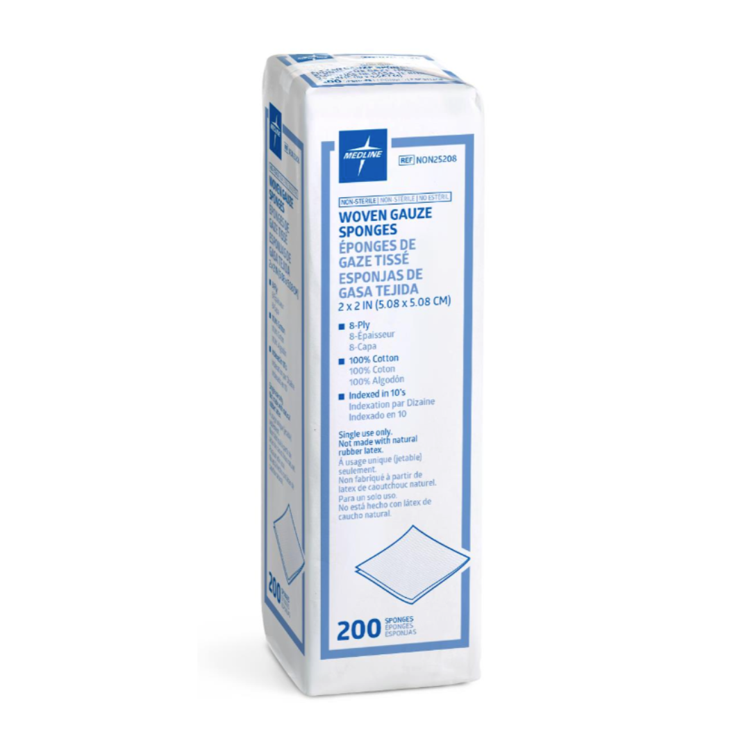 A white rectangular package of Medline Nonsterile 100% Cotton Woven Gauze Sponges contains 200 nonsterile, 8-ply, 2x2 inch sponges. The label appears in English, French, and Spanish with a simple gauze illustration.
